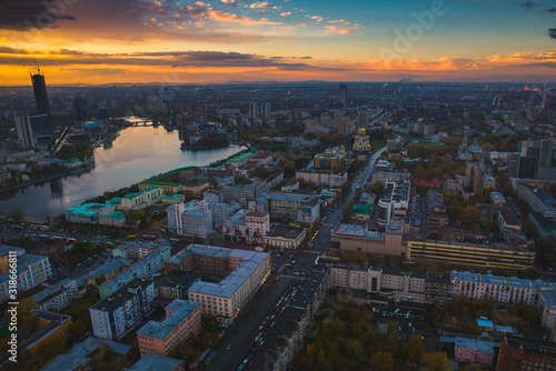 view of the evening evening morning city center with a river pond after rain dawn sunset in the city of yekaterinburg iset sverdlovsk ural russia