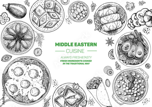 Middle eastern food top view frame. Food menu design with kibbeh, dolma, shakshouka, shawarma and sweets. Vintage hand drawn sketch vector illustration.