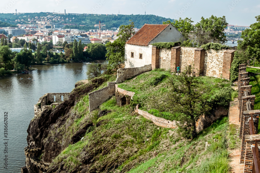 View from the height of the Visegrad district in Prague on the Vltava river and the city.