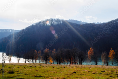 Lens flare above the forest around Doftana river, in Prahova. photo