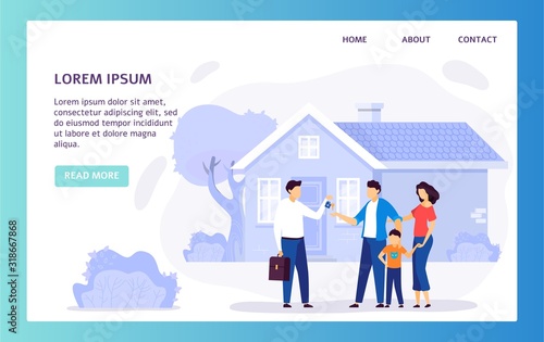 Real estate agency website, family buying new house, vector illustration