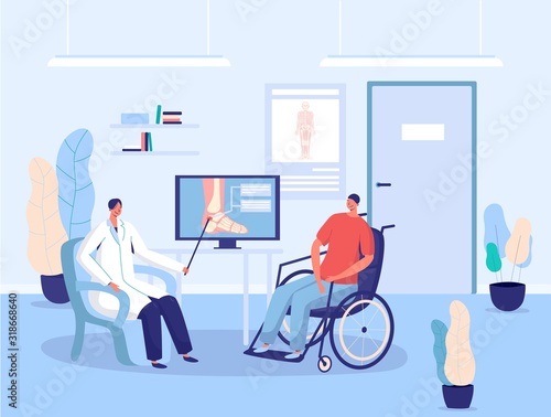 Disabled patient in wheelchair, hospital doctor consultation, vector illustration