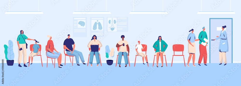 Patients waiting in clinic, people in hospital hall, vector illustration