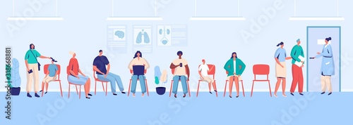Patients waiting in clinic, people in hospital hall, vector illustration photo