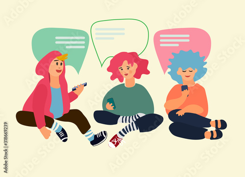 Children using phones to chat with each other. Vector illustration in flat style. Social networking concept. Messaging apps concept. Smartphone addiction concept