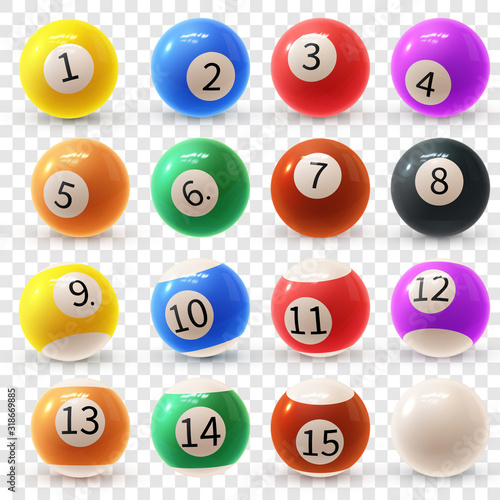 Realistic colorful vector set of glossy 3D billiard balls. Balls for pool or snooker.