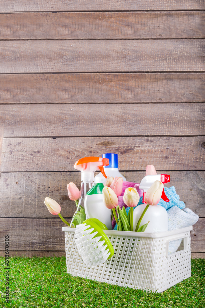 Cleaning Supplies Basket Cleaning Housekeeping Concept Stock Photo