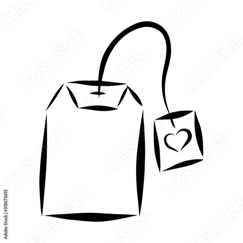 Black and white vector illustration in doodle style. Tea bag with a tag. The element is drawn by hand and isolated
