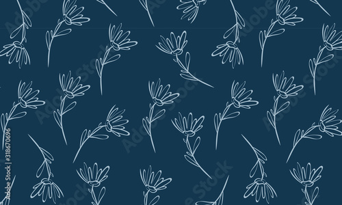 Hand-drawn flowers on a blue background. Vector pattern. Can be used for textiles, interiors, wrapping paper or postcards.
