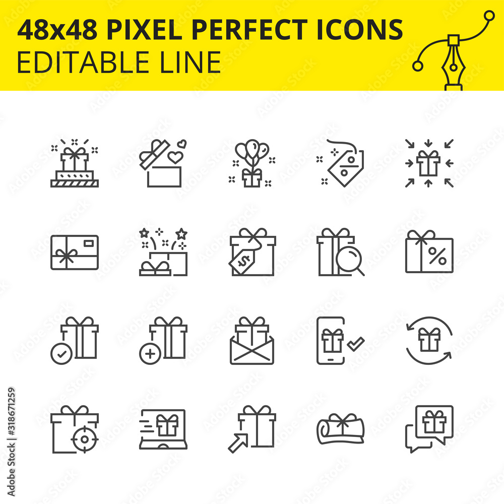 Scaled Icons of Gift Boxes, Presents and Discount. Includes Gift card, label, Ribbon, search etc. Pixel Perfect Editable Set 48x48. Vector. Scaled Icons of Gift Boxes, Presents and Discount. Includes Gift card, label, Ribbon, search etc. Pixel Perfect Editable Set 48x48. Vector.