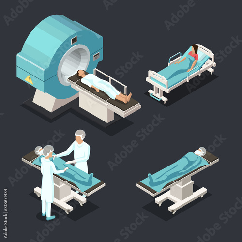 Isometric Medical MRI Scanner Imaging Process with Doctor and Patients. Healthcare and Medicine Concept. Vector illustration