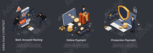 Isometric Set of Bank Account Hacking, Online Payment, Protection Payment. Security Payments and Transactions Concept. Vector Illustration