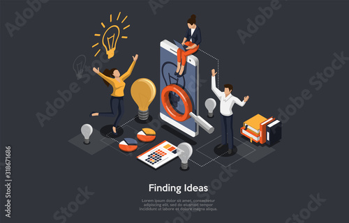 Isometric Concept Of Research and Develop Of Mobile Application. Business people, Man and Women are Working on the Idea of Mobile Application. Vector illustration