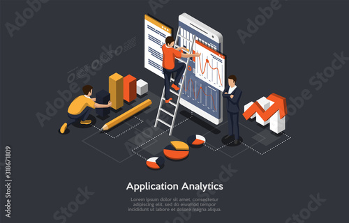 Isometric Concept Of Research and Develop Of Mobile Application. People are Working on Mobile Application Analytics. Vector illustration © Intpro