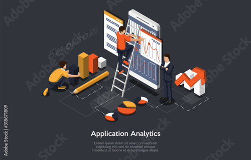 Isometric Concept Of Research and Develop Of Mobile Application. People are Working on Mobile Application Analytics. Vector illustration