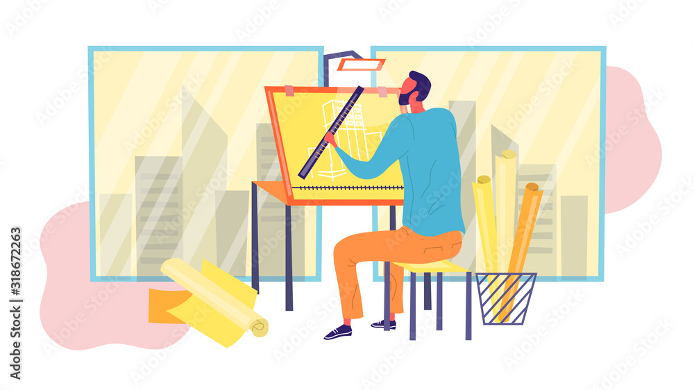 Engineer Architect is Working on Draft Project on Drawing Board. Create of Architecture Drafting Concept. Office Person Projecting Professional Plan. Flat Style. Vector Illustration Engineer Architect is Working on Draft Project on Drawing Board. Create of Architecture Drafting Concept. Office Person Projecting Professional Plan. Flat Style. Vector Illustration