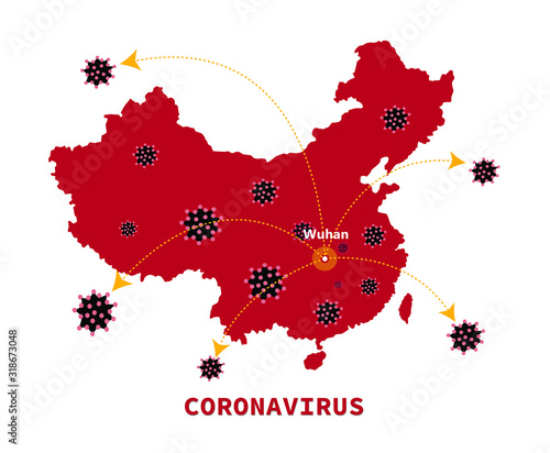 Map of China with arrows showing the spread of the corona virus. MERS CoV. 