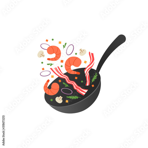 Cooking process vector illustration. Flipping fry shrimps and bacon in a pan. Cartoon flat style