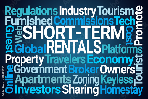 Short Term Rentals Word Cloud on Blue Background