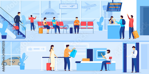 People waiting in airport, security check and registration for flight, vector illustration. Passengers in airport terminal, men and women travel with baggage. Airline check in desk and waiting hall