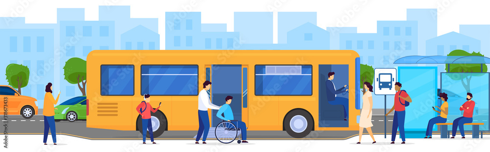 People at bus stop, disabled passenger in wheelchair, vector illustration.  Men and women waiting for bus, modern public transportation in big city.  Passengers cartoon characters, transport access Stock Vector | Adobe Stock