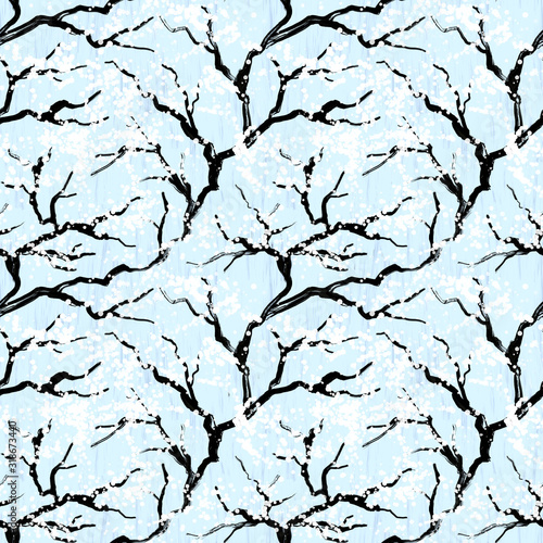 Blooming tree painted in japanese style, seamless pattern