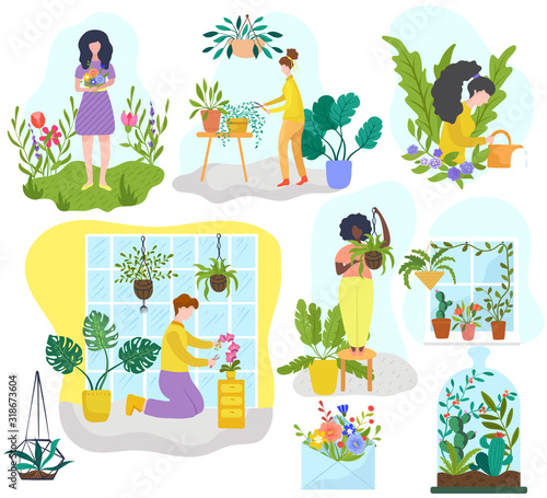 People growing houseplants and flowers, gardening hobby vector illustration. Cartoon characters, men and women watering plants at home. Set of stickers with decorative greenery, flowerpots houseplants
