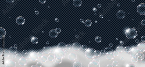 Soap foam bubbles isolated on transparent background. Realistic looking vector illustration.