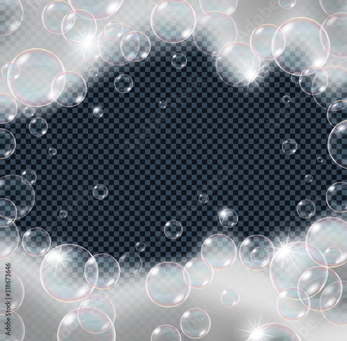 Soap foam bubbles isolated on transparent background. Realistic looking vector illustration.