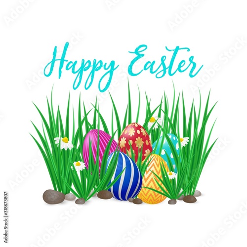 Cute vector card Happy Easter with green grass, spring flowers and decorated eggs. Easter poster with grass meadow, blooming daisy flowers and eggs. Card design, template on white background.