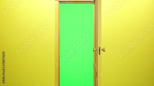 Yellow classic design door opening to green screen, yellow wall behind. Camera move through doorway. 60 fps transition animation. 