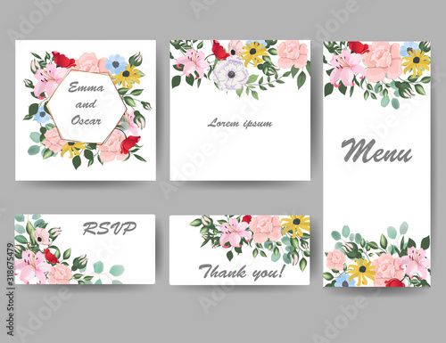 Floral vector template for invitation. Botanic cards with spring flowers. Hand drawn  illustration.  © ysharay