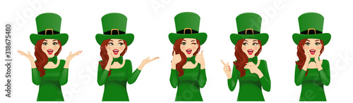 Surprised St Patrick Day beautiful woman in leprechaun party hat costume. Isolated vector illustration