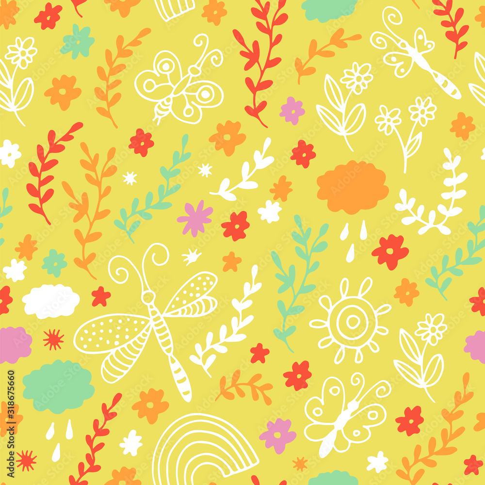 Seamless flowers pattern, floral vector background, baby cartoon doodle pattern, endless texture for textile