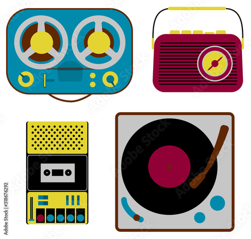 Vintage electronics. Illustration of radio, type recorder and vynil record player in style of 60s and 70s