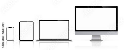 Realistic set of computer monitors desktop laptop tablet and phone reflect with white screen illustration vector illustrator Ai EPS