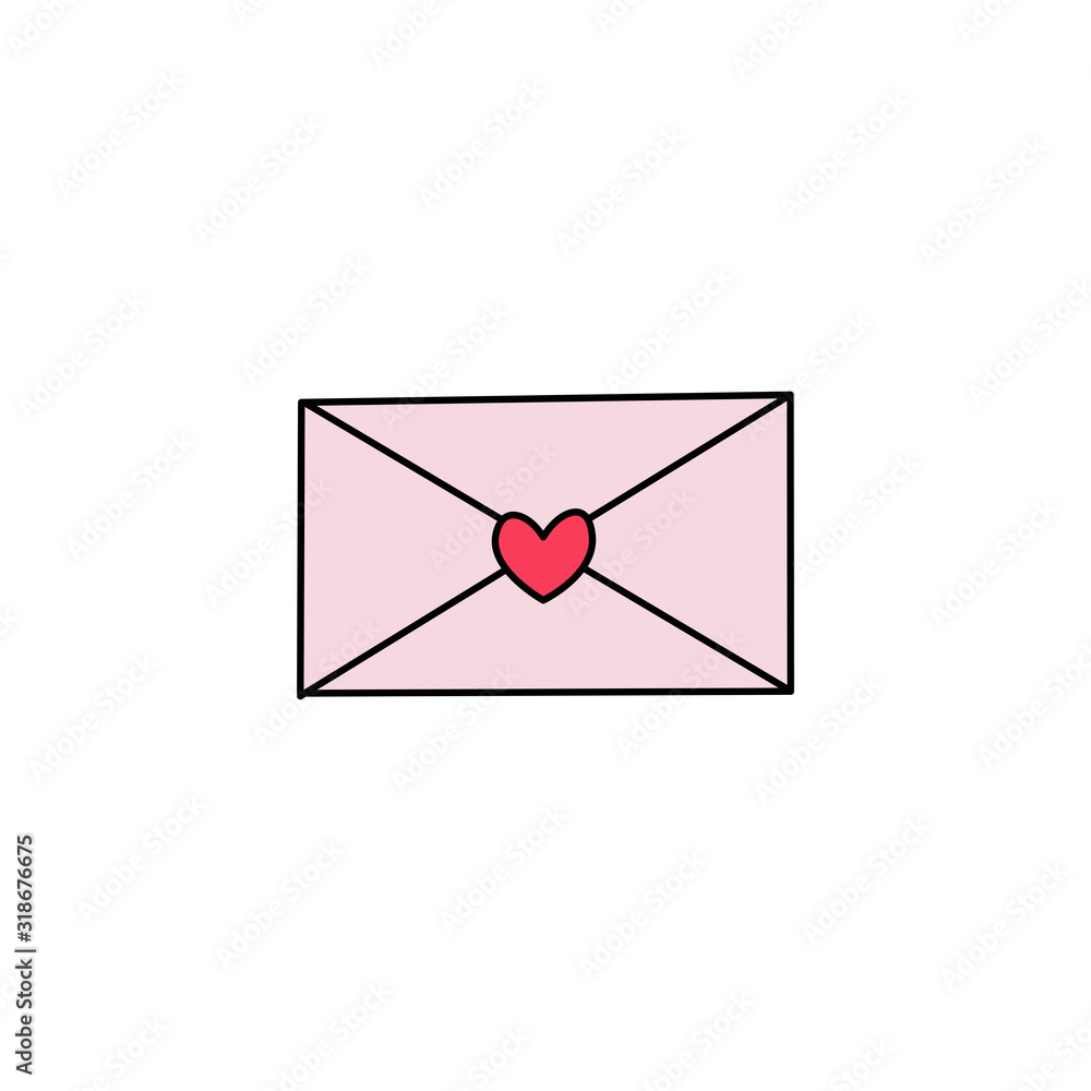 Hand drawn flat vector envelope sealed with heart icon isolated on a white background.Envelope doodle icon.Valentine's day concept. Hand drawn flat vector envelope sealed with heart icon isolated on a white background.Envelope doodle icon.Valentine's day concept.