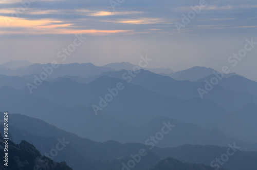 Evening light on peaks of South Sea from Bright Summit Huangshan mountain China