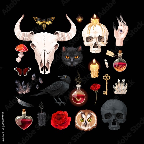 Vector high detailed black magic supplies set