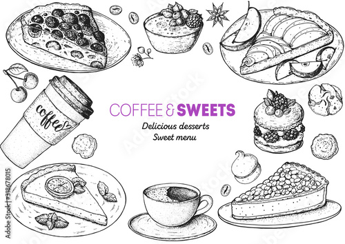 Coffee shop menu design. Hand drawn sketch illustration. Coffee, tea and desserts. Cafe menu elements. Desserts for breakfast.