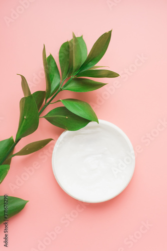 Means for skin care, rejuvenation and hydration of the face. Moisturizing cream on a patel pink background with a branch of green