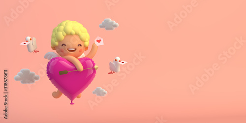 3D-illustration cupid with heart shape balloon and doves photo