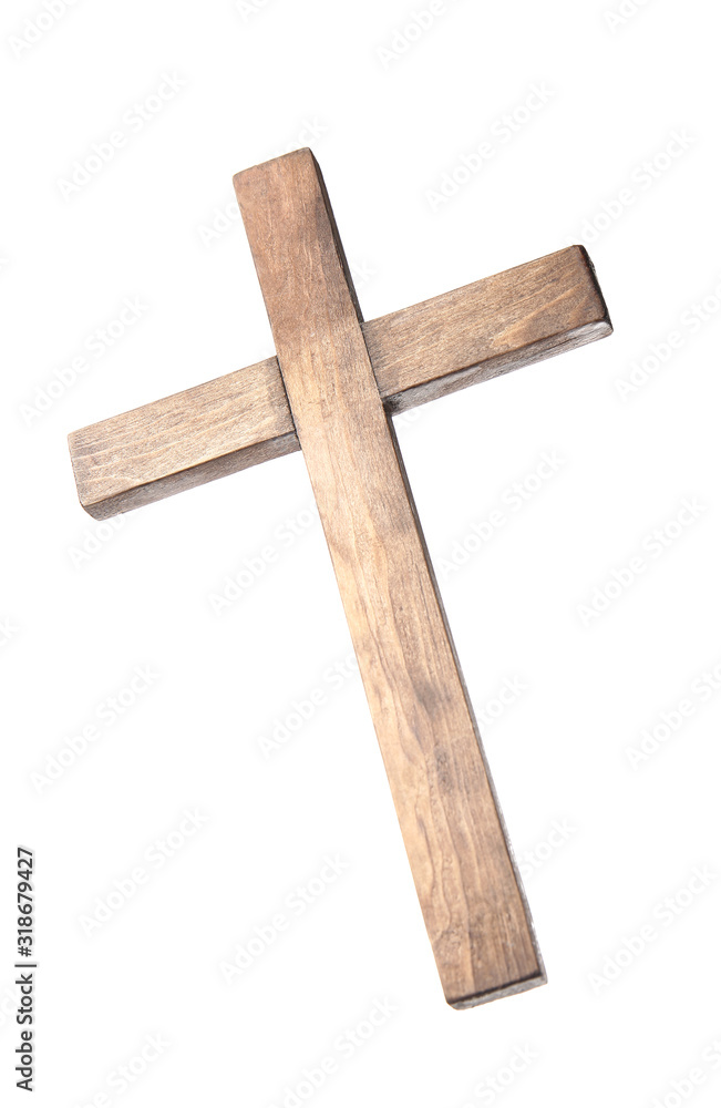 Wooden cemetery cross on white background
