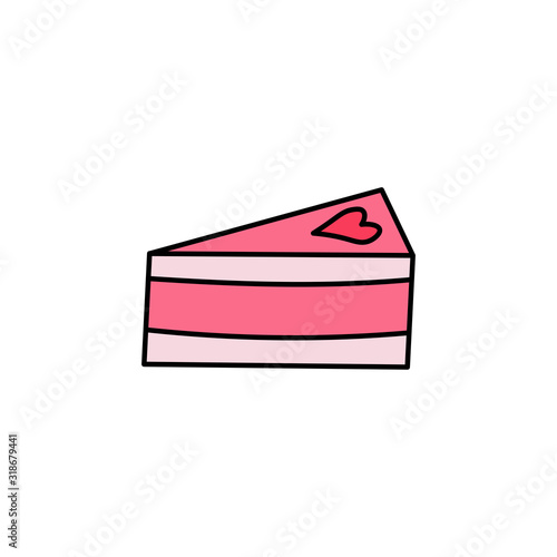 Hand drawn slice, piece of cake flat vector icon isolated on a white background.Valentine's day concept icon.