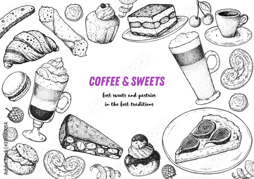 Coffee shop menu design. Hand drawn sketch illustration. Coffee and desserts. Cafe menu elements. Desserts for breakfast.