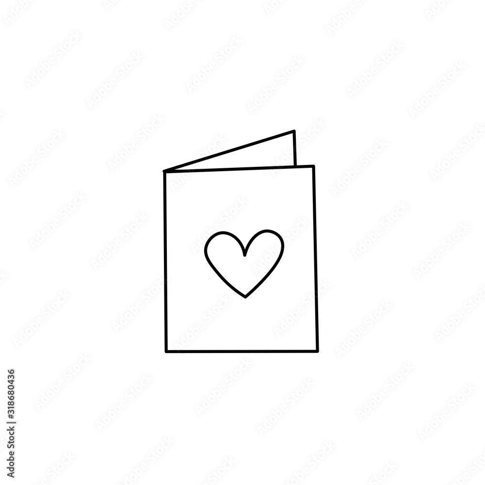 Valentine’s Day vector greeting card flat vector icon.Hand drawn pink greeting card with red heart on it isolated on a white background.