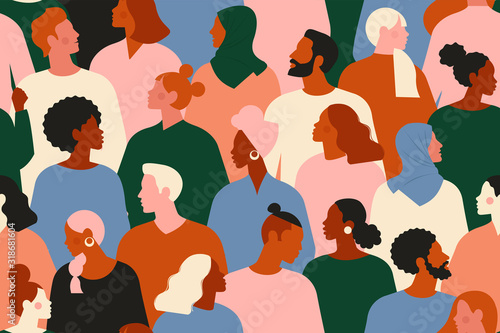 Crowd of young and elderly men and women in trendy hipster clothes. Diverse group of stylish people standing together. Society or population, social diversity. Flat cartoon vector illustration. photo