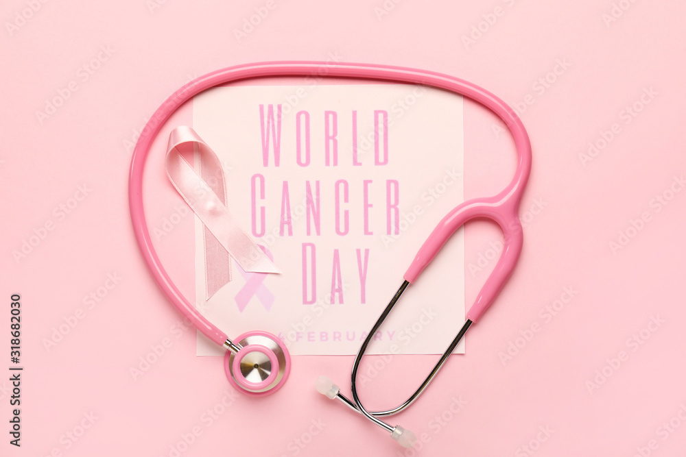 Fototapeta premium Pink ribbon, stethoscope and paper sheet with text WORLD CANCER DAY on color background