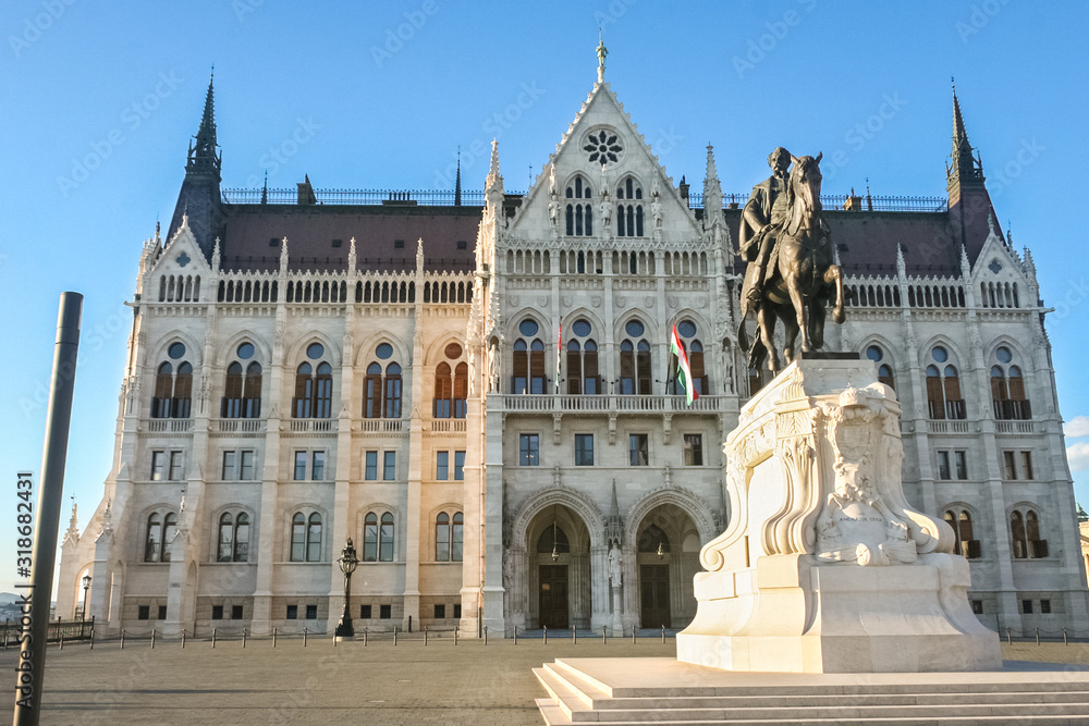 Statue in front of Hungarian parliament building in Budapest. 