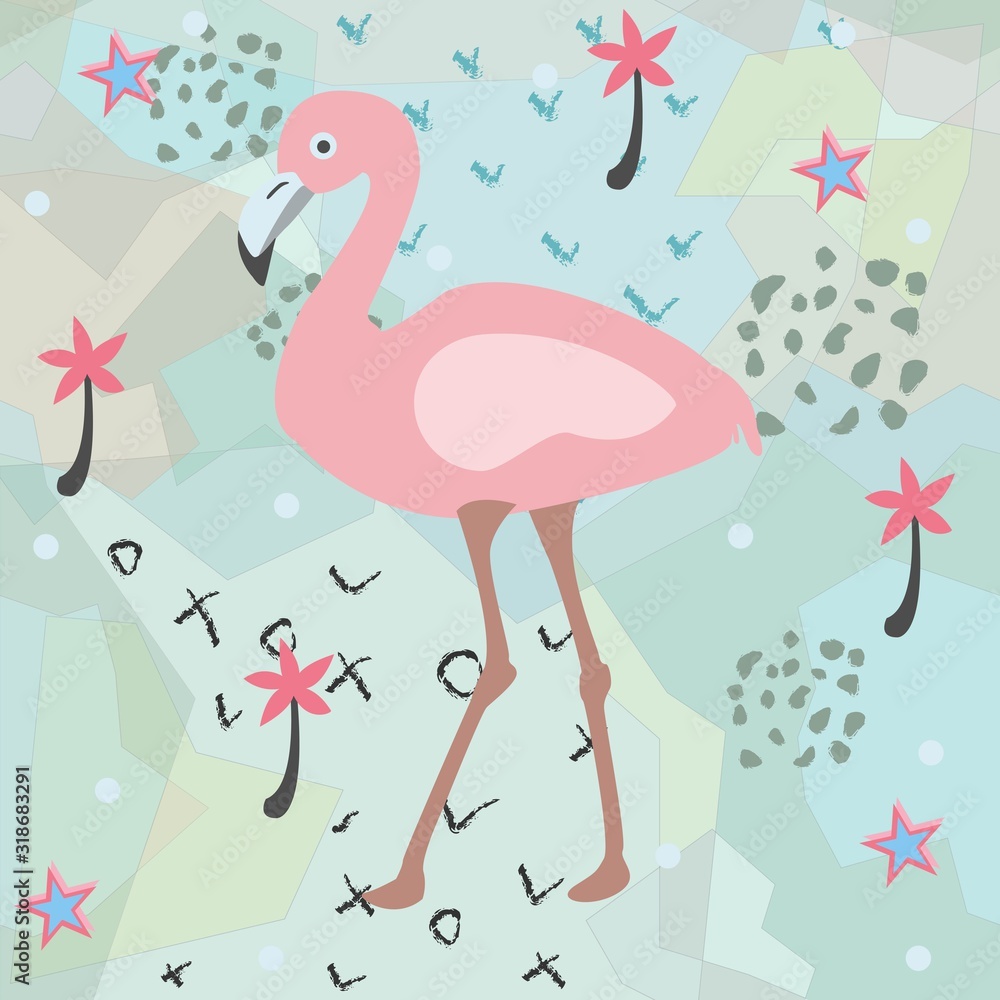 Obraz premium Creative Summer Pattern with exotic bird flamingo on stripped background with palms and stars